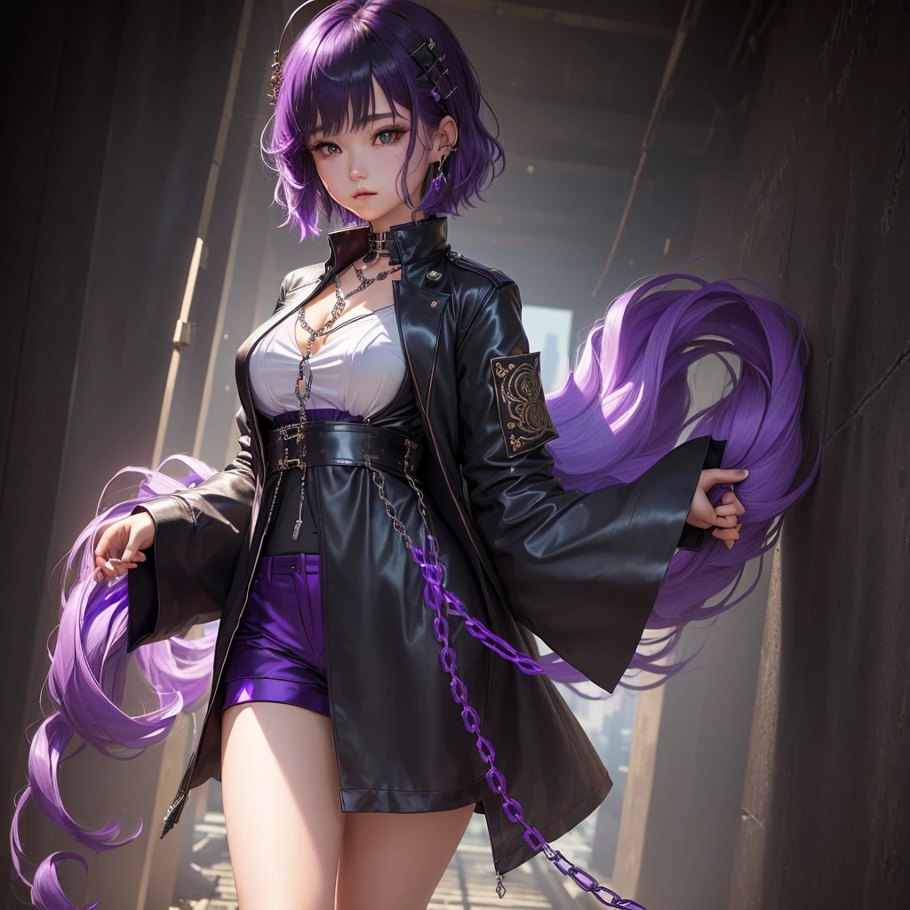 (1 girl:1.3),Alone,__body parts__, official art, unity wallpaper 8k, ultra detailed, Closeup on face, beautiful and aesthetic, gorgeous, masterpiece, Best Quality, fantastic atmosphere, Soothing palette, calm mood, soft shading, miko priestess, charm spell, family talisman, priestess duties, dark aesthetic, Suit and tie with black leather shorts with many chains around the body and a black leather jacket., The city of Tokyo in the background, (short messy purple hair), put her in a psychology gown