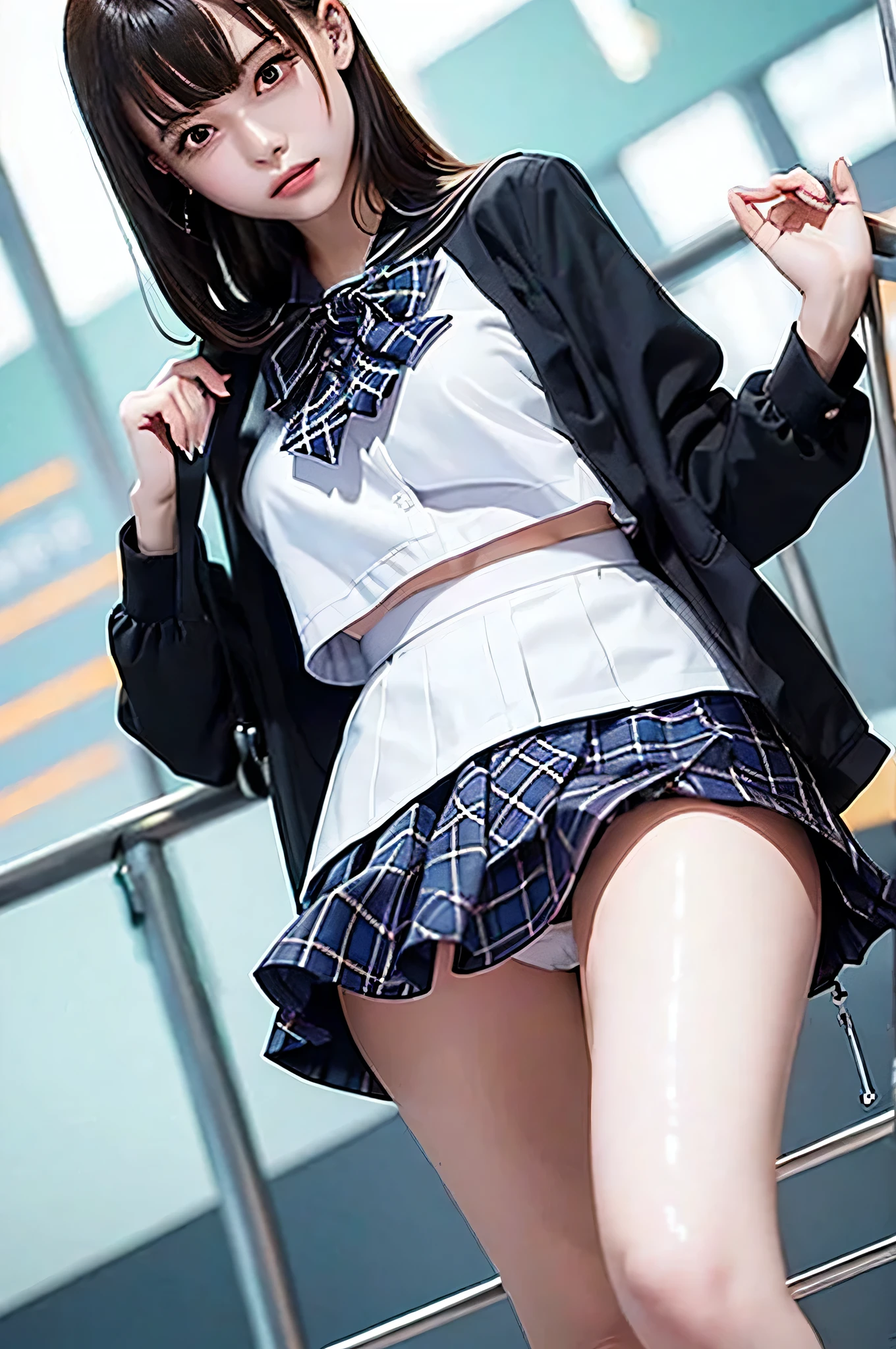 Top quality, high image, 1 woman, 18 years old, school stairs, black jacket, Medium breasts,white blouse,(plaid miniskirt), cotton panties,upskirt,from below1.3