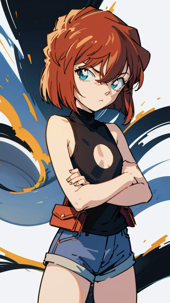 anime style, (1girl in, Solo:1.0), (Haibara Ai), ((Short pants)), (((Big eyes))), (Cute anime girl head), (flat chest),looking at viewer,With a height of 100cm, shoot from front, (head shot), Simple line minimalism, Abstract Art, City background