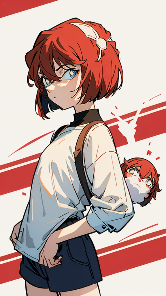 anime style, (1girl in, Solo:1.0), (Haibara Ai), ((Short pants)), (((Big eyes))), (Cute anime girl head), (flat chest),looking at viewer,With a height of 100cm, shoot from front, (head shot), Simple line minimalism, Abstract Art, City background