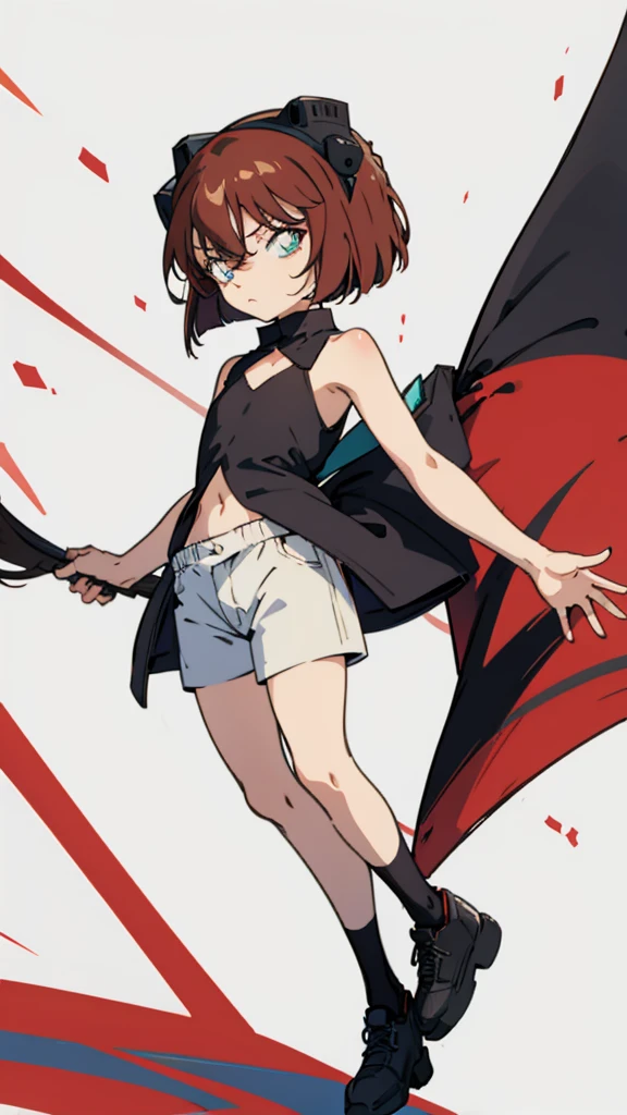 anime style, (1girl in, Solo:1.0), (Haibara Ai), ((Short pants)), (((Big eyes))), (Cute anime girl head), (flat chest),looking at viewer,With a height of 100cm, shoot from front, (head shot), Simple line minimalism, Abstract Art, City background