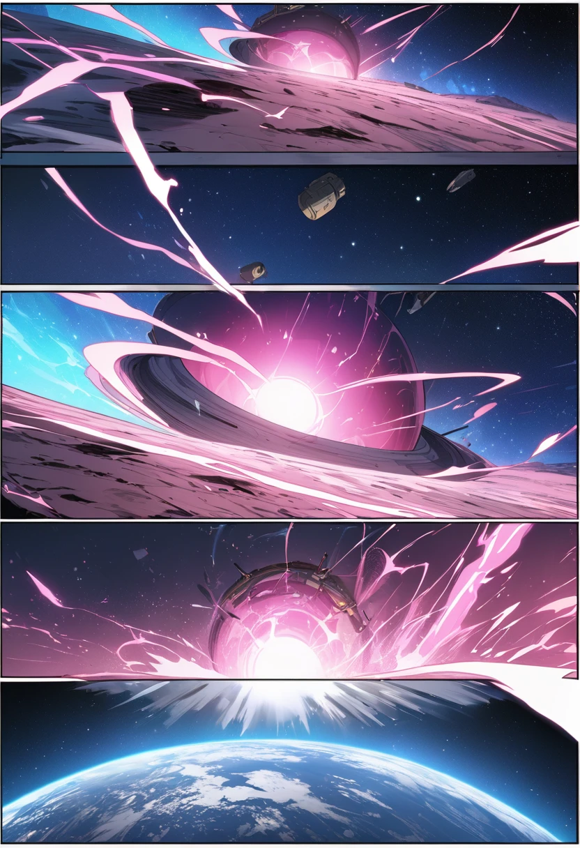 (((highest quality)), ((masterpiece)), (detailed)), manga anime scene, showing Earth in space, pink aura and blue sparks emerging from Earth and heading into space, comic e-book storyboard, HD, 4K, three HQ panels, RPG