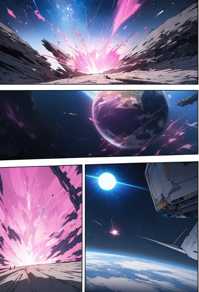 (((highest quality)), ((masterpiece)), (detailed)), manga anime scene, showing Earth in space, pink aura and blue sparks emerging from Earth and heading into space, comic e-book storyboard, HD, 4K, three HQ panels, RPG