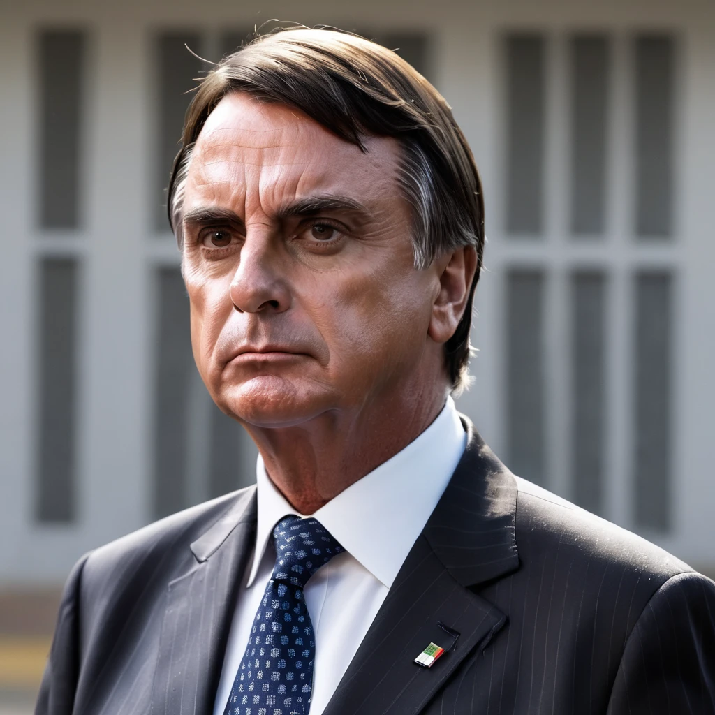 Bolsonaro in a suit and tie with a serious expression