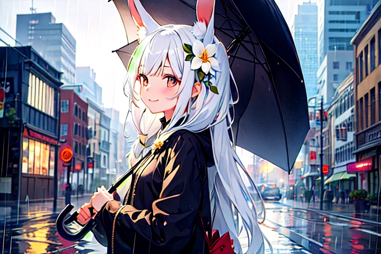 This is a cute girl digital art, 1girl, rabbit ear, flower, long hair, white hair color, solo, smile, hair flower, hair ornament, bangs, city, rain, raining , umbrella, holding umbrella, looking away, looking up,