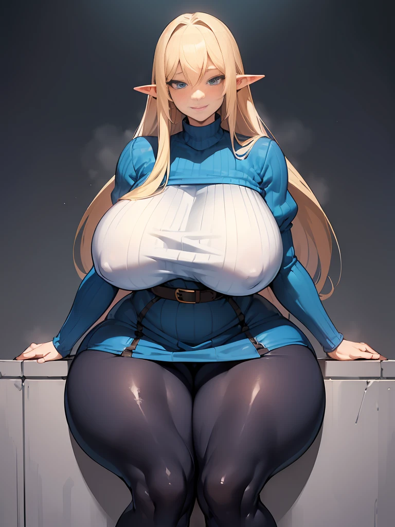 young elf girl, blue eyes, blue Pullover, black long skirt, whole body to see, smiled, excited, moans, blond long hair, (( very wide hips)), (((colossal Thighs, gigantic thighs, very huge thighs, very big thighs))), sexy pose, wet clothes