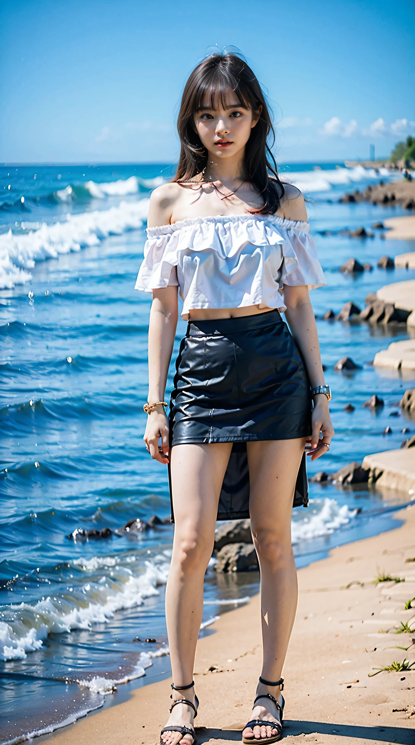 (8K、RAW Photos、Highest quality、masterpiece:1.2)、(Realistic、Photorealistic)、1 Girl、((Beach、、Off the shoulder、mini skirt、Sandals、Look forward、Are standing))、