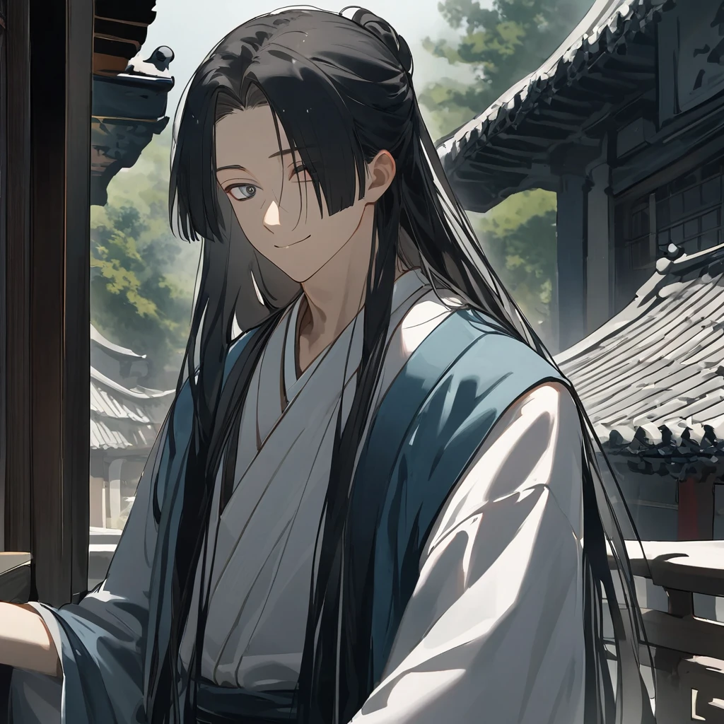 male、Solitary,Black Hair、Long hair、The bangs are divided into left and right、Heterochromia ,{(Odd Eyes) ,( Black strange eyes)}、balcony、Gentle smile、Hanfu