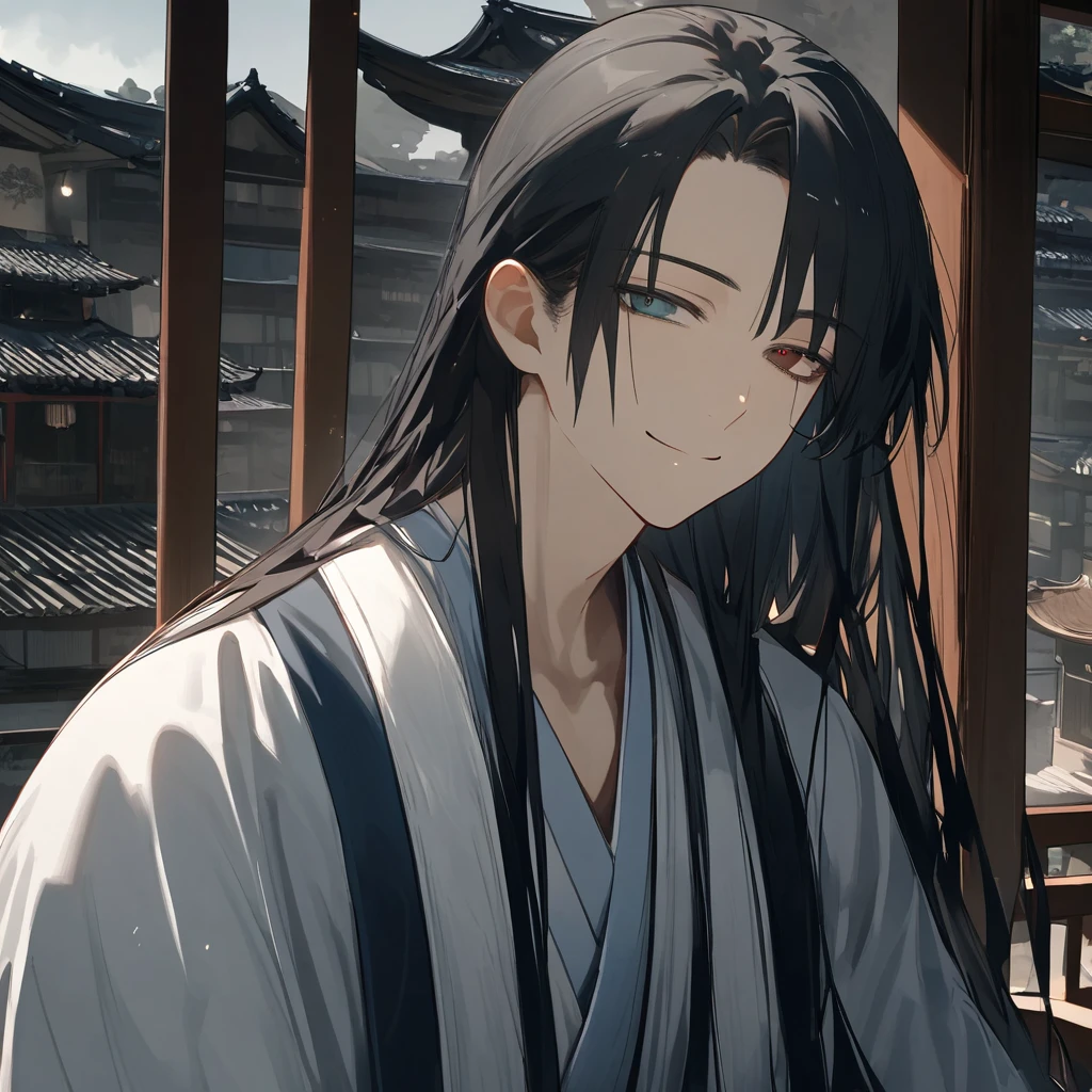 male、Solitary,Black Hair、Long hair、The bangs are divided into left and right、Heterochromia ,{(Odd Eyes) ,( Black strange eyes)}、balcony、Gentle smile、Hanfu