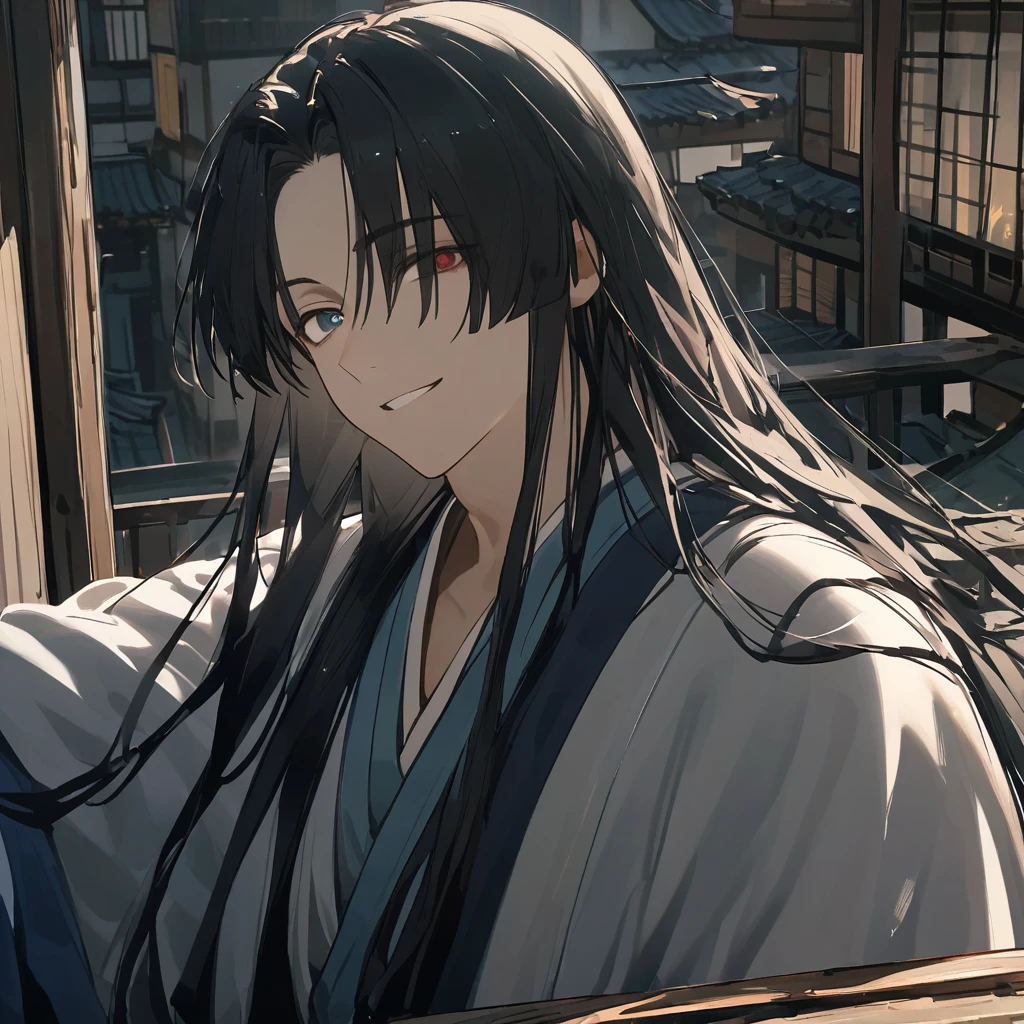 male、Solitary,Black Hair、Long hair、The bangs are divided into left and right、Heterochromia ,{(Odd Eyes) ,( Black strange eyes)}、balcony、Gentle smile、Hanfu