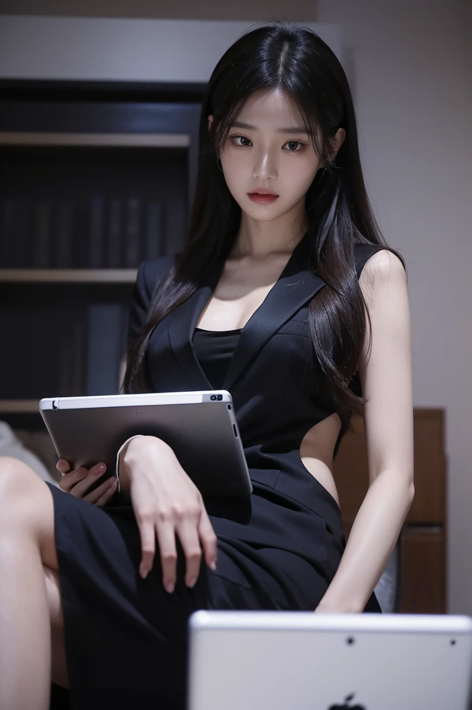 A woman in a suit using a tablet in the room, Serving, Xuan Yunzhu, Real-life stills, Park Shin Hye plays a super villain, Complete equipment, Using the Magic Tablet, Lee Ji-eun plays the super villain, Side pose, [ Realistic photos ]!!, Shin Min-jung, Serious business, lazy, Elegant appearance