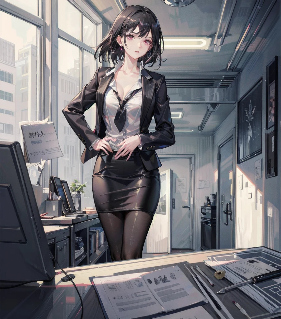 RAW photo, extremely delicate and beautiful, masterpiece, Best Quality, ultra high resolution, 16k, photorealistic, ultra detailed description, pale skin, in her 20s, whole body, medium tits, medium hair, black hair, tearful mole, earring, business suit, blazer, pencil skirt, collarbone, shirt, tie,