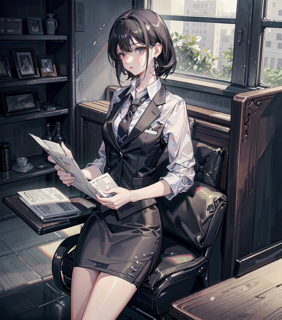 RAW photo, extremely delicate and beautiful, masterpiece, Best Quality, ultra high resolution, 16k, photorealistic, ultra detailed description, pale skin, in her 20s, whole body, medium tits, medium hair, black hair, tearful mole, earring, business suit, blazer, pencil skirt, collarbone, shirt, tie,