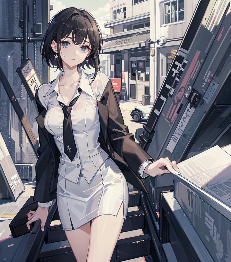 RAW photo, extremely delicate and beautiful, masterpiece, Best Quality, ultra high resolution, 16k, photorealistic, ultra detailed description, pale skin, in her 20s, whole body, medium tits, medium hair, black hair, tearful mole, earring, business suit, blazer, pencil skirt, collarbone, shirt, tie,