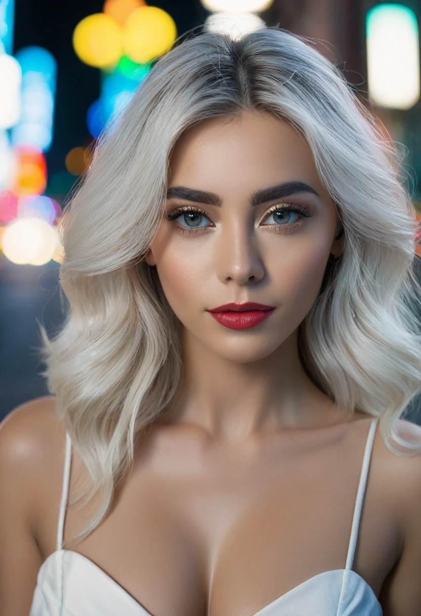 raw photo, (8K, best quality:1.2), (masterpiece:1.37), (photo, photorealistic:1.37), (ultrahigh-res), full body, photography, lady, long hair, white hair, gorgeous, city girl, western, good looking dress for a party, hot girl, midsize boobs, natural dry skin, skin texture, posing at a night party, nice view(masterpiece), makeup, cosmetics, looks into the camera, eye contact, facial expression, very detailed facial features, symmetrical eyes, symmetrical face, photorealistic, photography, contour light, path tracing, best quality, high resolution, extremely detailed, blurred background, depth of field, cinematic lighting, specular lighting, volumetric face light, photographed by Canan EOS R6, 135mm, 1/1250s, f/2.8, ISO 400, ultrarealistic, hyperealistic, realistic shadows, with a shallow depth of field, 40 k,HDR, 8k soft lighting, cinematographic, absolute realistic, film grain, SFW