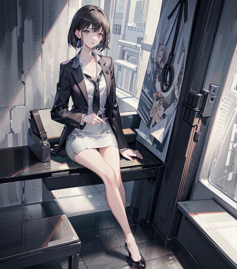 RAW photo, extremely delicate and beautiful, masterpiece, Best Quality, ultra high resolution, 16k, photorealistic, ultra detailed description, pale skin, in her 20s, whole body, medium tits, medium hair, black hair, tearful mole, earring, business suit, blazer, pencil skirt, collarbone, shirt, tie,
