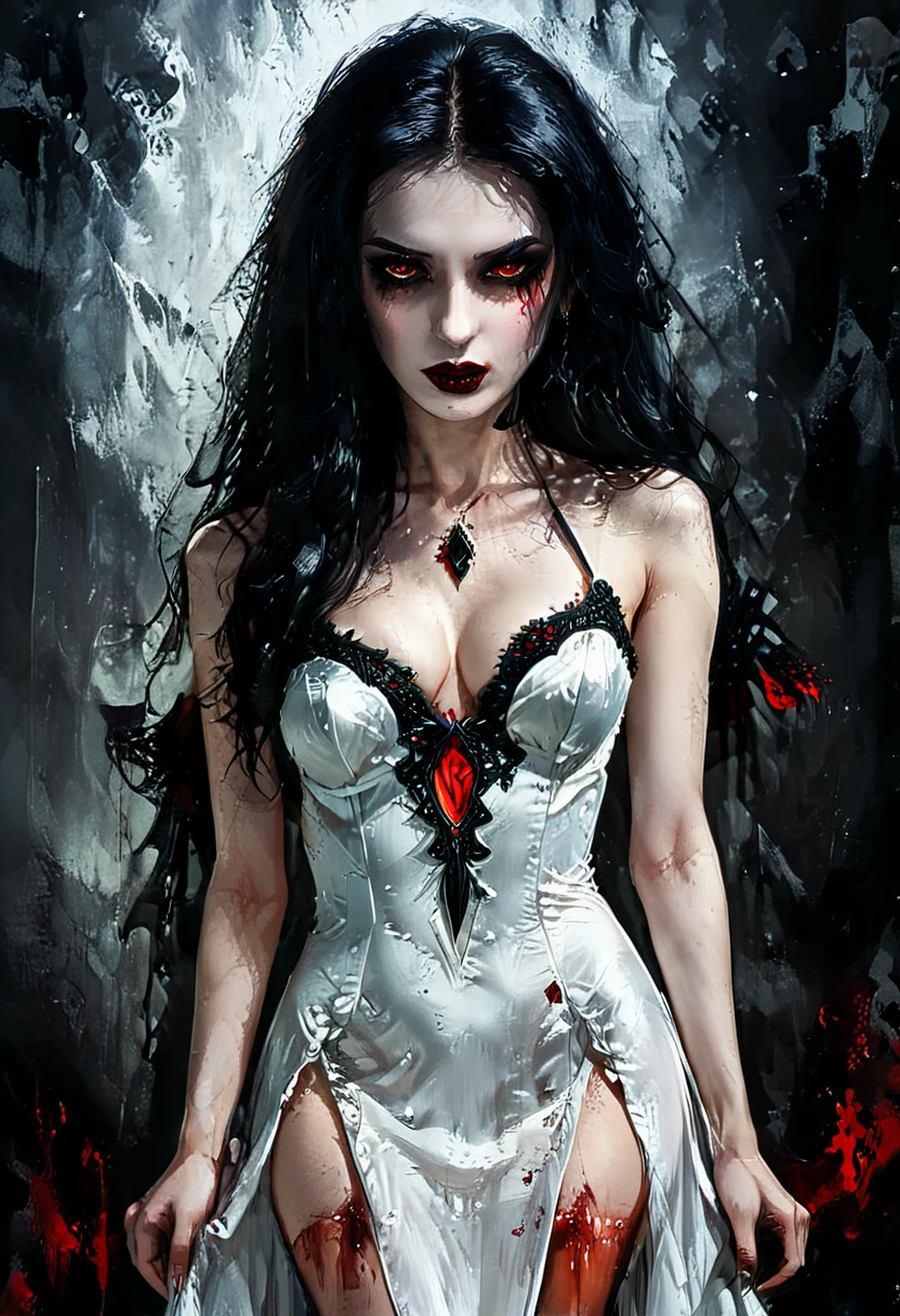 Arafed, dark fantasy art, goth art, a beautiful female vampire wearing a white evening dress stained with blood, an extremely beautiful female vampire, ultra detailed face, black hair, long hair, wavy hair, dark glamour make up, pale skin, red lips, glowing red eyes, visible vampiric fangs, she wears a ((white evening dress: 1.5)), elegant, intricate detailed dress, silk dress, small cleavage, ((dress is decorated with gems: 1.4)), she wears elegant knee high heeled boots, exquisite knee high heeled boots, ((there are stains of blood on the upper part of the dress: 1.3)), dark novel,