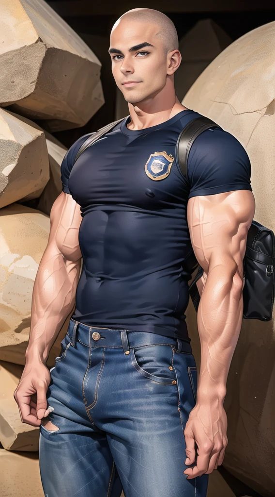 man,(Skinheads have hairstyles:1.3),black eye,(Wear a fitted round neck t-shirt in navy with a police badge.:1.3),(fit neck),Navy blue jeans,(black_gloves), Korean guy,chest muscles,large arm muscles,blood vessel,Big muscles,Broad shoulders,(Carrying a black backpack:1.3), smile, middle of the road,(In the desert:1.2),(full_shot:1.6),(In the cave:1.2),