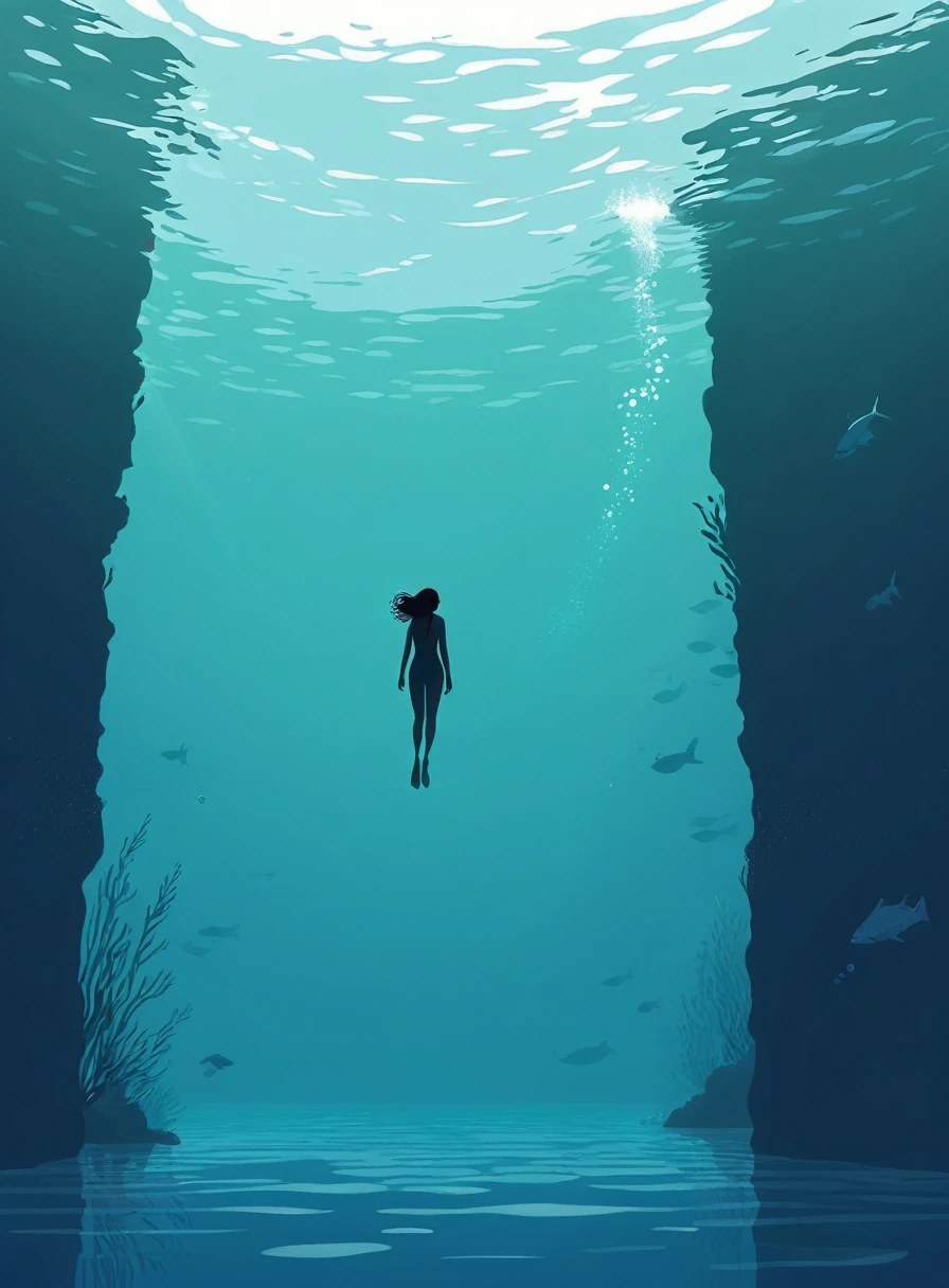 Minimalist Journey, dive, solitary, 1 girl swimming gracefully, Minimalism, Under the Sea, illustration.