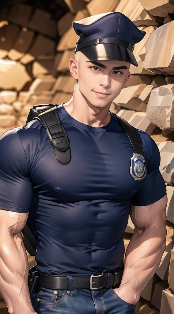 1 man,(Skinheads have hairstyles:1.3),black eye,(Wear a fitted round neck t-shirt in navy with a police badge.:1.3),(fit neck),Navy blue jeans,(black_gloves), Korean guy,chest muscles,large arm muscles,blood vessel,Big muscles,Broad shoulders,(Carrying a black backpack:1.3), smile, middle of the road,(In the desert:1.2),(full_shot:1.6),(In the cave:1.2),