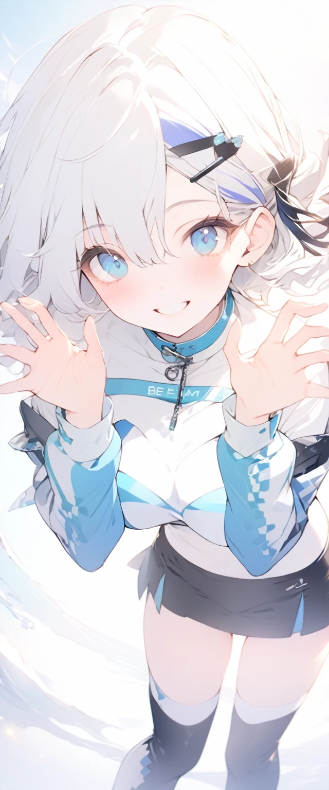 beautiful, masterpiece, Highest quality, anime, One girl, C Cup,Portrait Shot, View your viewers, Intricate details,>,((Covered、Short Hair、nearby、Blue Eyes、art、、White hair,Blue streaked hair、wallpaper、、hairpin、smile、Race Queen、Thigh、Knee-high boots、blue sky、smile、Bright atmosphere、standing、wave hands、Be extremely happy、mini skirt