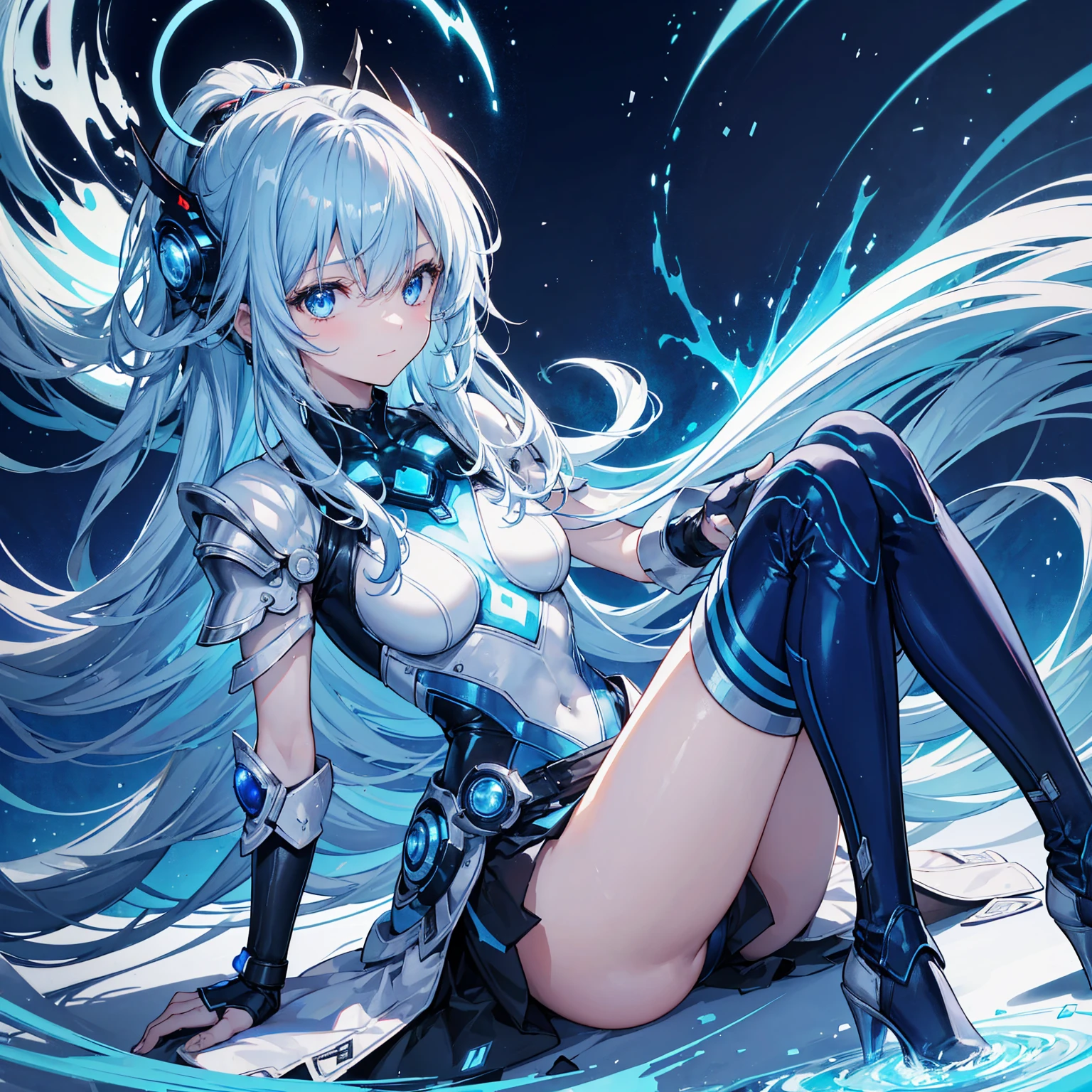 8K, Highest quality, (real:1.4), Original photo, 1 girl, Asari Hair, Biological Amplifier, Very sleek and futuristic armor, posture: Peace talks between warring factions,,attention arousal, smart blue eyes,A modest smile,Knee-high boots,Blue big moon and blue light swirl in the background,Blue light from behind,blue light magic,A small, glowing blue ball in the palm of your hand,Blue flame swirl