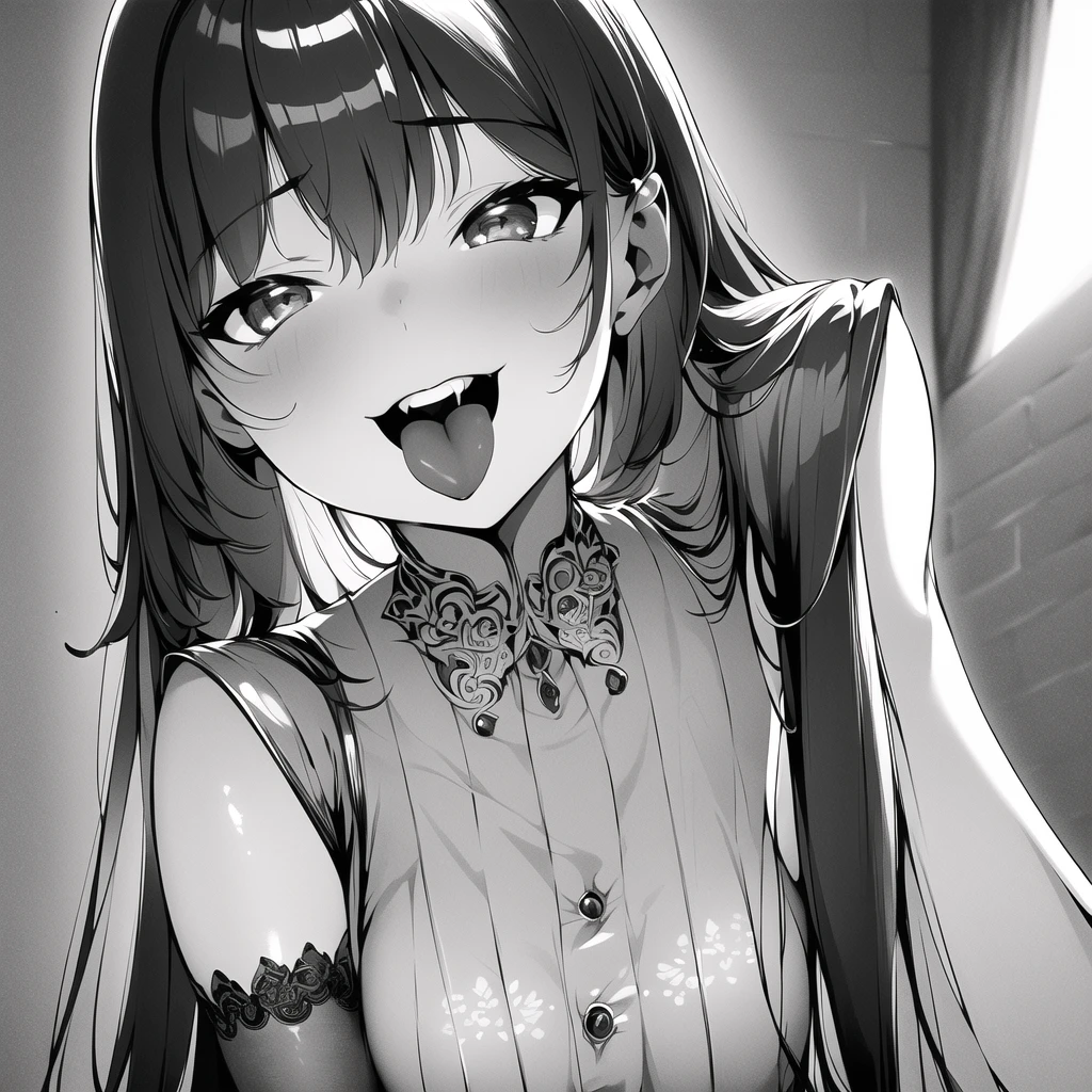 (masterpiece, best quality, ultra-detailed, best shadow), (detailed background), (beautiful detailed face)(best illumination, an extremely delicate and beautiful), cinematic light, hyper detail, dramatic light, intricate details,
greyscale,
portrait, 1girl, tsurime, 
big mouth,open mouth,tongue out, mesugaki,smile,