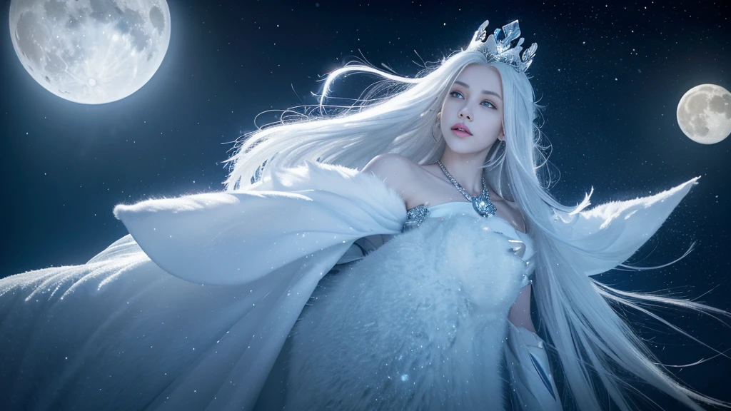 (( Elf girl with long white hair, blue eyes, good shape, long white dress, cape, ice crown, ice earrings )), (( Riding on the back of a large thick white-haired wolf Fierce, scary, majestic. )), full body image, Look at the camera., Front camera angle: Wild, Cold Weather, snow, snowfall, Snow droplets, Snow in the air, cinematic scene, Magic, Snow Magic, fantasy, mythology, decoration, diffused lighting, moon light, moon, (Ice magic on hand ), ( Release the ice from your hands. ), ( Ice aura around you ), ( Ice effect on the body ), nsfw