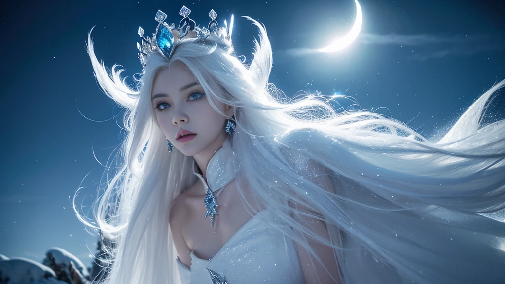 (( Elf girl with long white hair, blue eyes, good shape, long white dress, cape, ice crown, ice earrings )), (( Riding on the back of a large thick white-haired wolf Fierce, scary, majestic. )), full body image, Look at the camera., Front camera angle: Wild, Cold Weather, snow, snowfall, Snow droplets, Snow in the air, cinematic scene, Magic, Snow Magic, fantasy, mythology, decoration, diffused lighting, moon light, moon, (Ice magic on hand ), ( Release the ice from your hands. ), ( Ice aura around you ), ( Ice effect on the body ), nsfw
