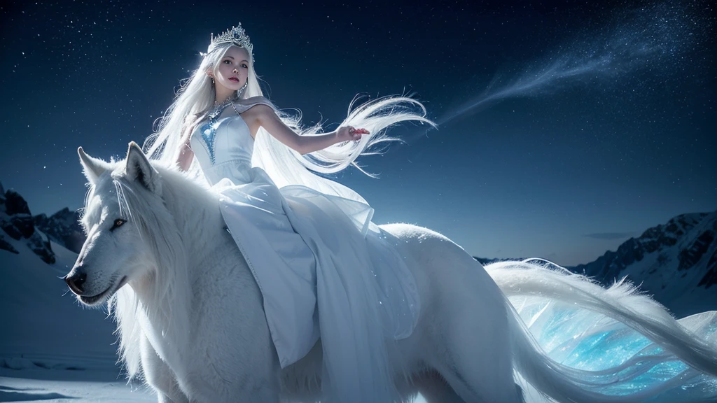(( Elf girl with long white hair, blue eyes, good shape, long white dress, cape, ice crown, ice earrings )), (( Riding on the back of a large thick white-haired wolf Fierce, scary, majestic. )), full body image, Look at the camera., Front camera angle: Wild, Cold Weather, snow, snowfall, Snow droplets, Snow in the air, cinematic scene, Magic, Snow Magic, fantasy, mythology, decoration, diffused lighting, moon light, moon, (Ice magic on hand ), ( Release the ice from your hands. ), ( Ice aura around you ), ( Ice effect on the body ), nsfw
