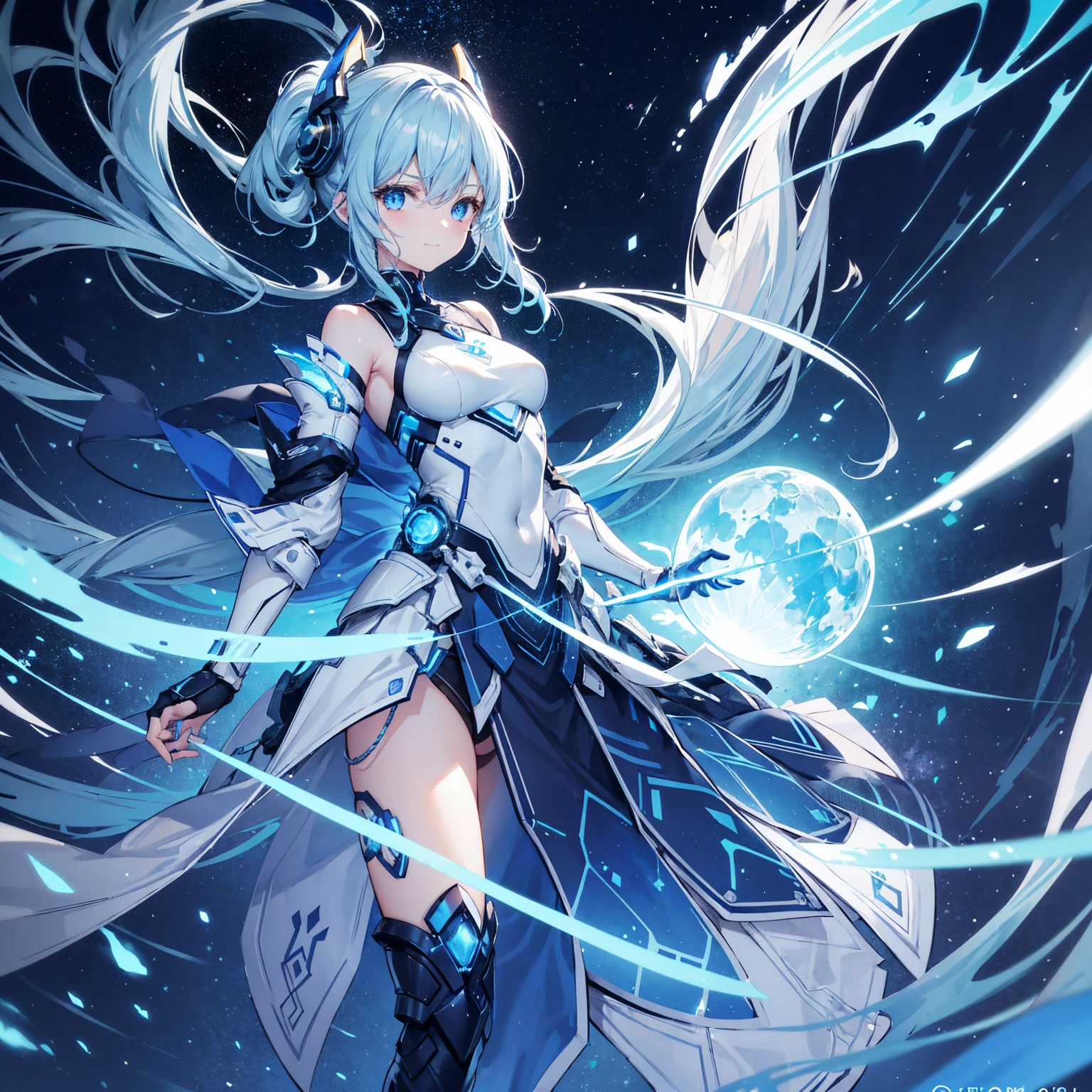 8K, Highest quality, (real:1.4), Original photo, 1 girl, Asari Hair, Biological Amplifier, Very sleek and futuristic armor, posture: Peace talks between warring factions,,attention arousal, smart blue eyes,A modest smile,Knee-high boots,Blue big moon and blue light swirl in the background,Blue light from behind,blue light magic,A small, glowing blue ball in the palm of your hand,Blue flame swirl