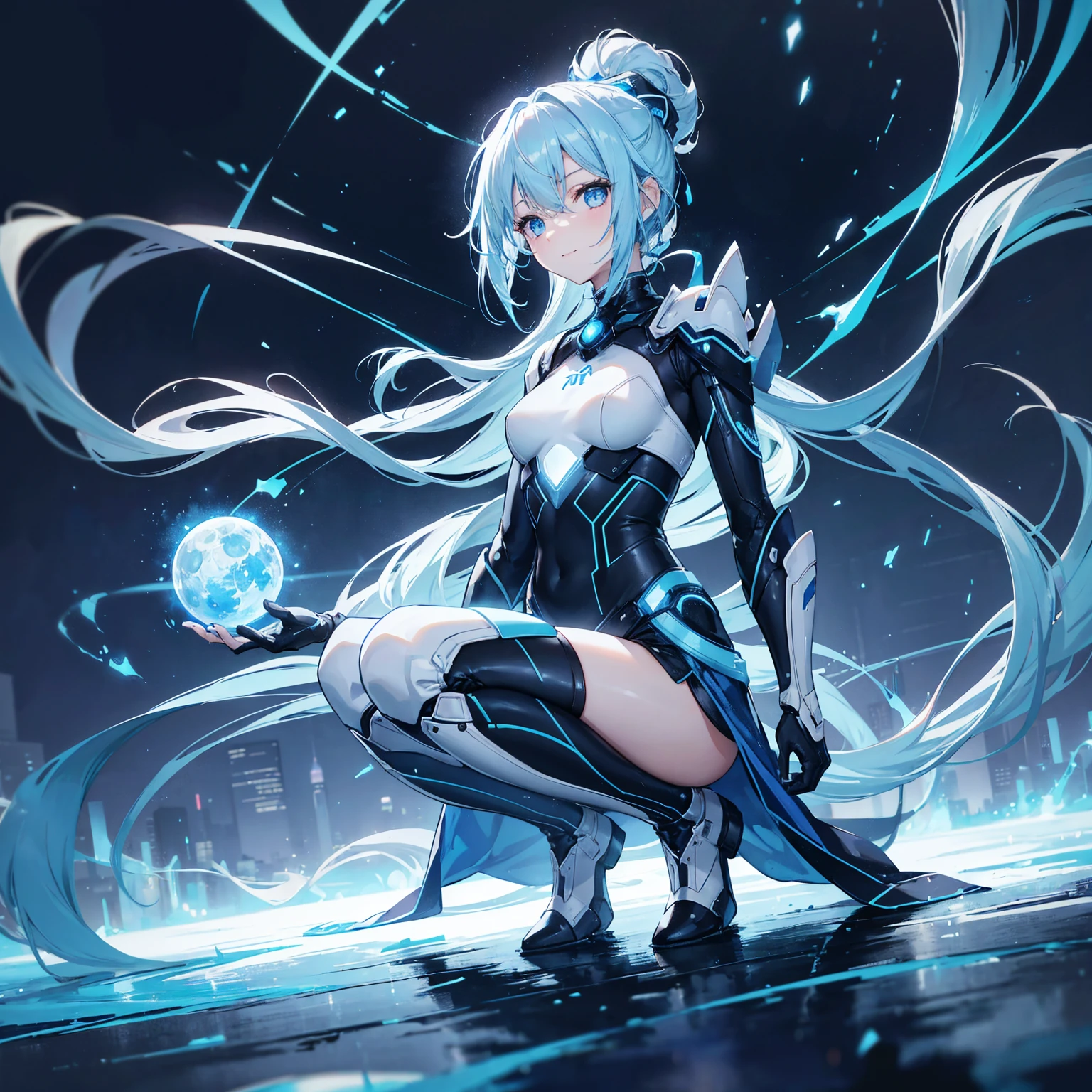 8K, Highest quality, (real:1.4), Original photo, 1 girl, Asari Hair, Biological Amplifier, Very sleek and futuristic armor, posture: Peace talks between warring factions,,attention arousal, smart blue eyes,A modest smile,Knee-high boots,Blue big moon and blue light swirl in the background,Blue light from behind,blue light magic,A small, glowing blue ball in the palm of your hand,Blue flame swirl