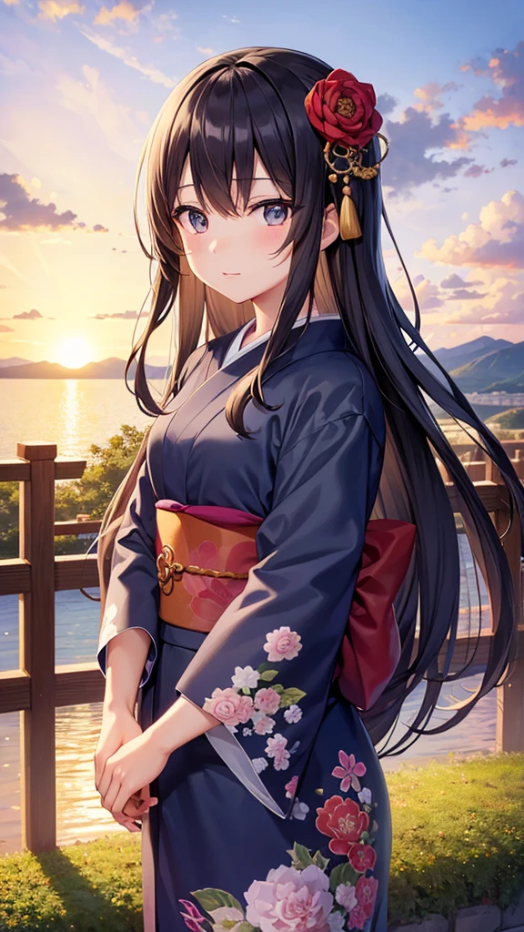 Top quality masterpiece: 1.2 Ultra high definition, High resolution, Ultra HD Detailed Background: 1.37 Detailed Eyes:1.5、Beautiful detailed eyes anime:1.2、Anime style 1 girl:1.2 people、Young girl:1.2 people beautiful girl:1.37、Long-haired girl:1.4. Expressive Face:1.5、Expressive anime faces kimono:1.2、Retro kimono Mount Fuji scenery:1.37、Outdoor、Sunset Beautiful Sky:1.4、Lake Pictures