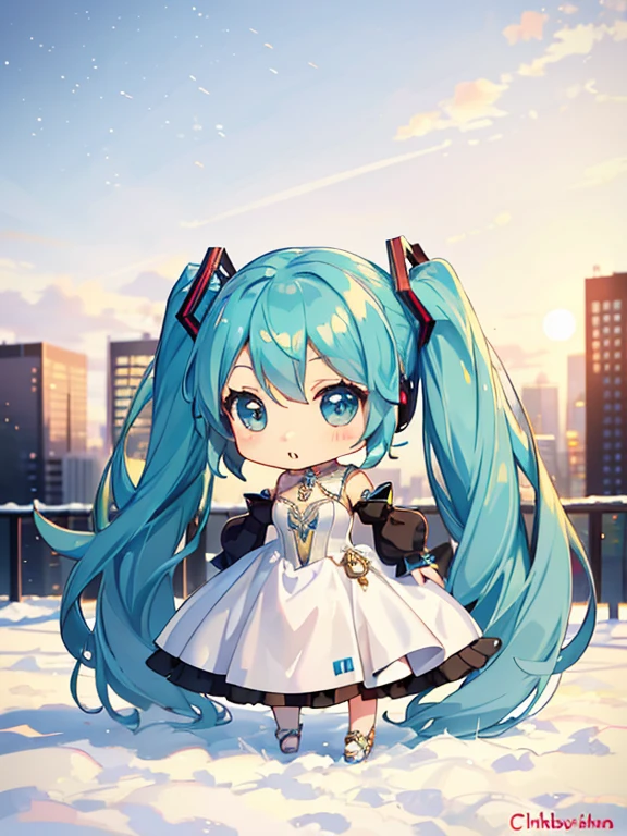 (Evening Dress:1.5), Hatsune Miku, (chibi:1.5), full body, Big Eyes, (masterpiece), highest quality