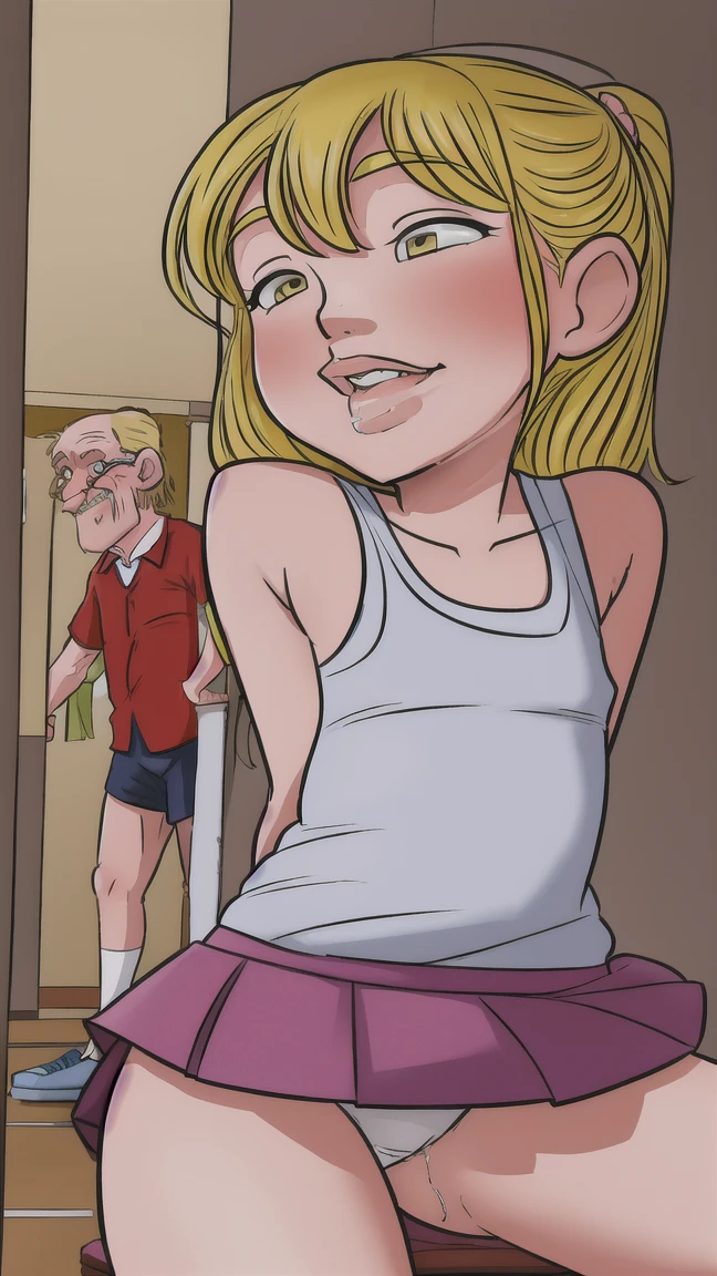 1girl, sexy yearold blonde cheerleader is in her underwear and is french_kissing her ugly 87yearold male teacher for grades after class. 1 ugly old man nsfw