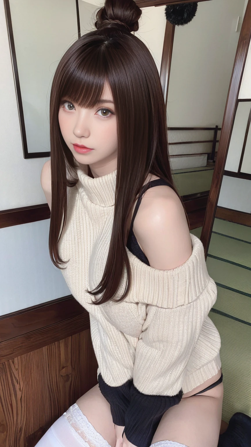 Japanese Beauty、Brown Hair、Gal、Selfie、Black knit sweater、Shoulder Bare、Big Breastquat、Mirror photo、Reflected in the mirror、Thighs、、Sitting　garter belt　Knee-high socks