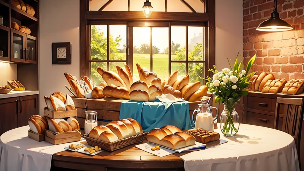 Bread, glass of milk, various snacks on the table