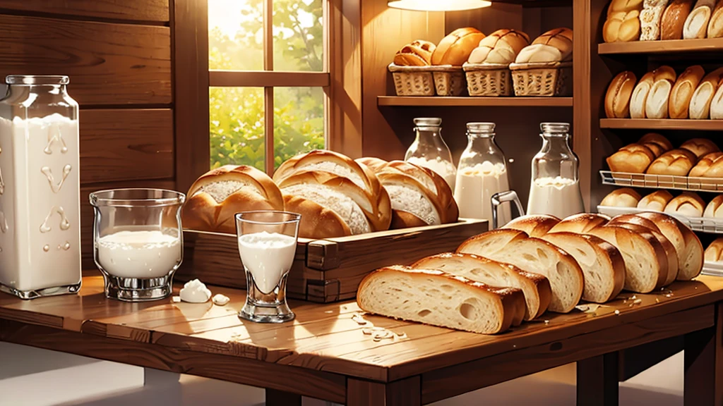 Bread, glass of milk, various snacks on the table