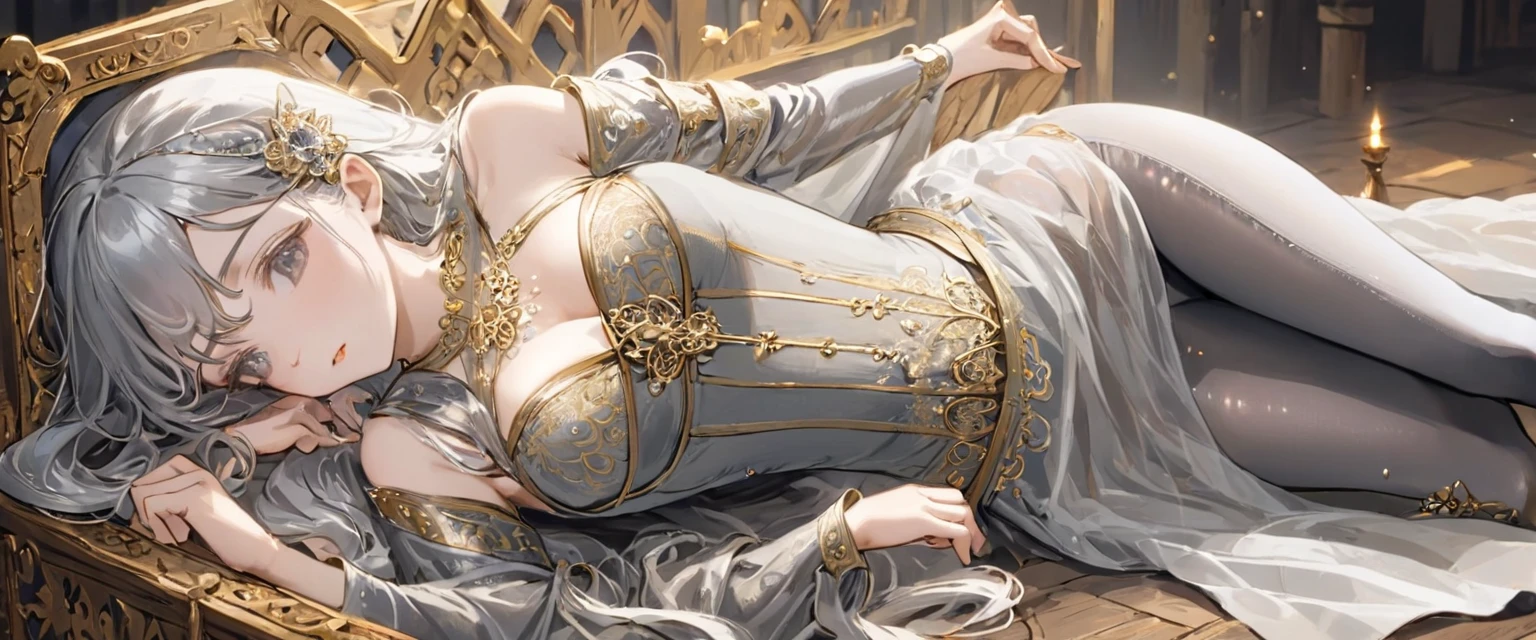 Girls in the Middle Ages、 Gold and silver embroidery、underwear姿、Knee-length semi-transparent drawers（underwear）Wearing、Wearing a semi-transparent corset、 Grey translucent tights、Lying down、White Grey Pearl Medieval Long Dress