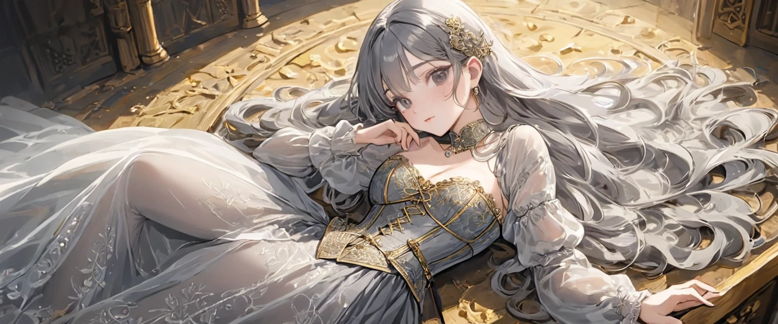 Girls in the Middle Ages、 Gold and silver embroidery、underwear姿、Knee-length semi-transparent drawers(underwear)Wearing、Wearing a semi-transparent corset、 Grey translucent tights、Lying down、White-gray pearl medieval long dress、to sleep on