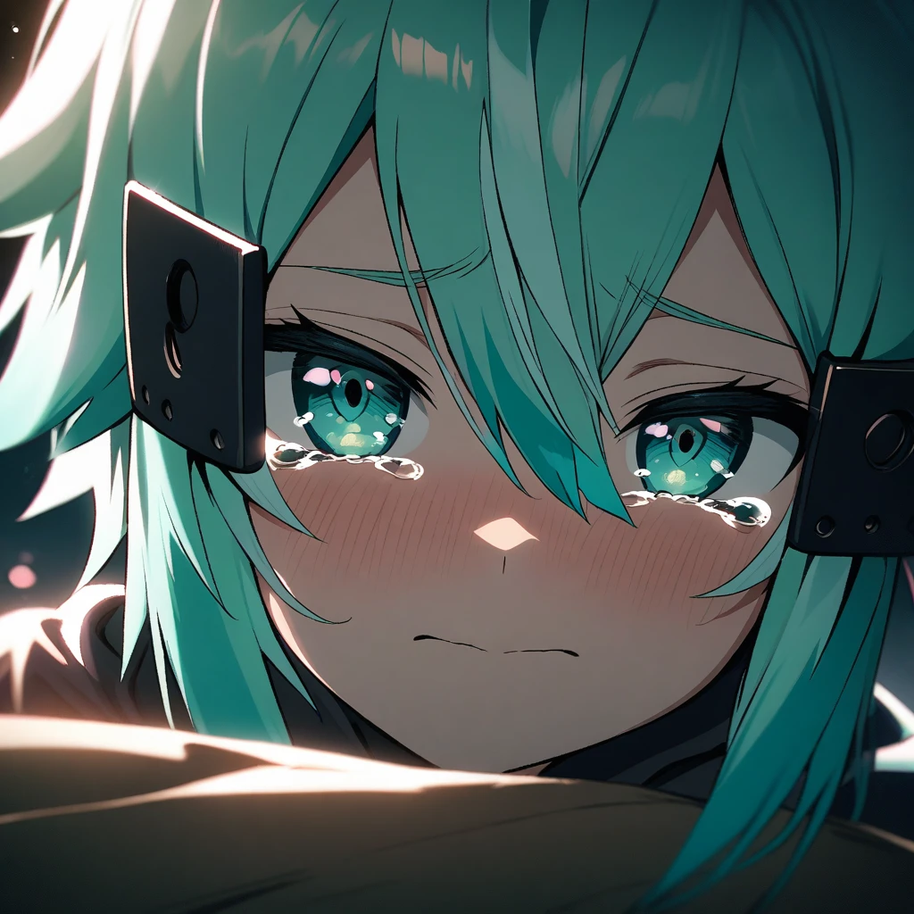 ( sinon, ), ( cinematic lighting, romantic, hetero, detailed tender expression face, tears, pink cheek, extremely closeup of face, looking at viewer, ),
