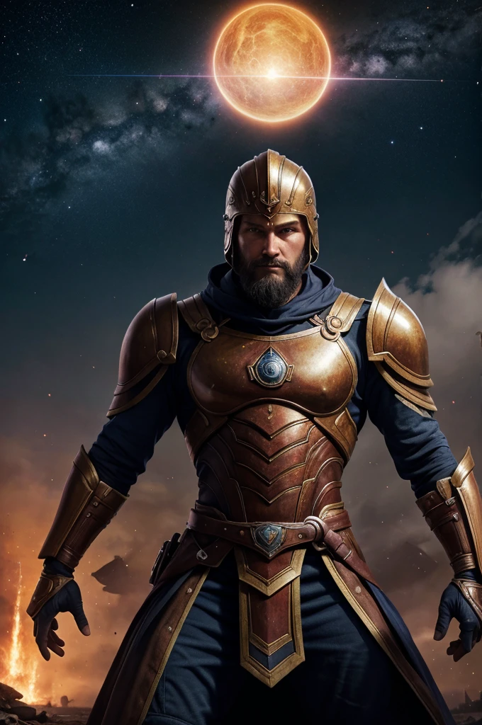 The men is stand with Swart infront of the Gordian of the universe with 8k quality wallpaper