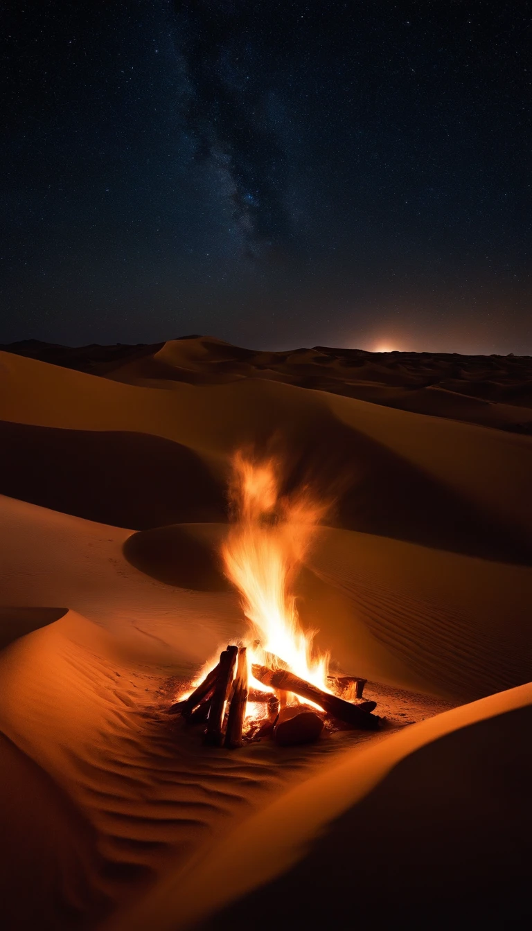 At night in the desert, a campfire is burning, flickering glow on the sand dunes under a starry sky