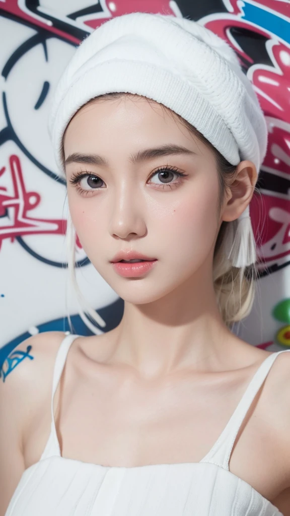 ,1girl, pretty face, eyelashes, nose, glossy lips, (detailed eyes, fair skin, white skin: 1.5), smooth skin, intricate, graceful, highly detailed, majestic, digital photography, hyper realistic, Masterpiece, Best Quality, Best Quality, (graffiti:1.5),