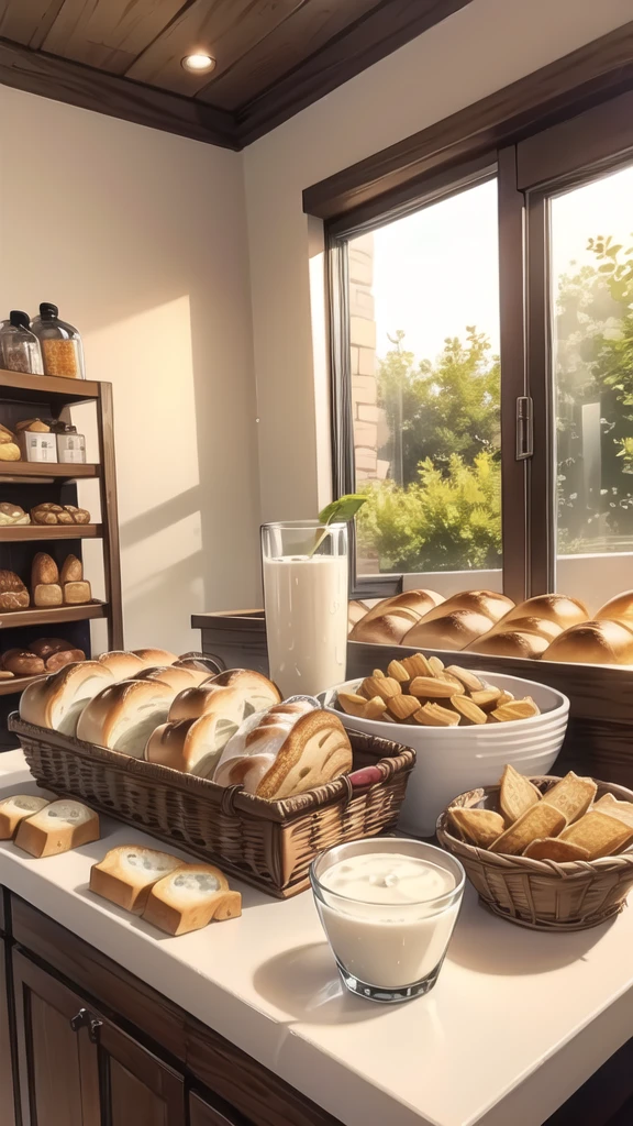 Bread, glass of milk, various snacks on the table