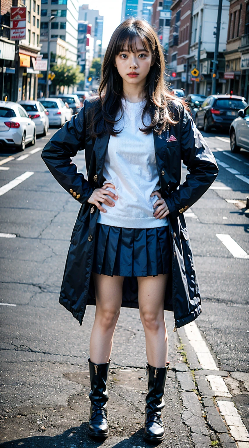 (8K、RAW Photos、Highest quality、masterpiece:1.2)、(Realistic、Photorealistic)、1 Girl、((In town、Pink Coat、Black Mini Skirt、Ribbon on chest、Blonde、Knee socks、boots、Big Breasts、Look forward、Standing with hands on hips))、