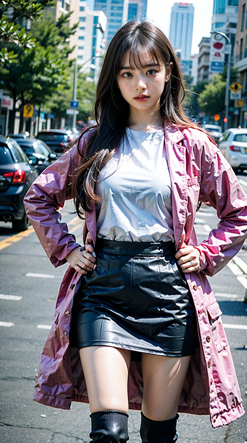 (8K、RAW Photos、Highest quality、masterpiece:1.2)、(Realistic、Photorealistic)、1 Girl、((In town、Pink Coat、Black Mini Skirt、Ribbon on chest、Blonde、Knee socks、boots、Big Breasts、Look forward、Standing with hands on hips))、