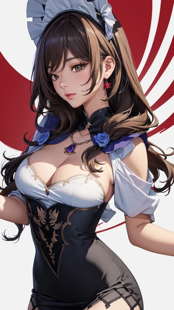 random angle image, brush drawing image, portrait image, beautiful busty Asian female , aged 20, soft skin colour, flowing long black hair, red slim fit maid dress, dynamic pose, red smoke lines behind, white background, 8K resolution