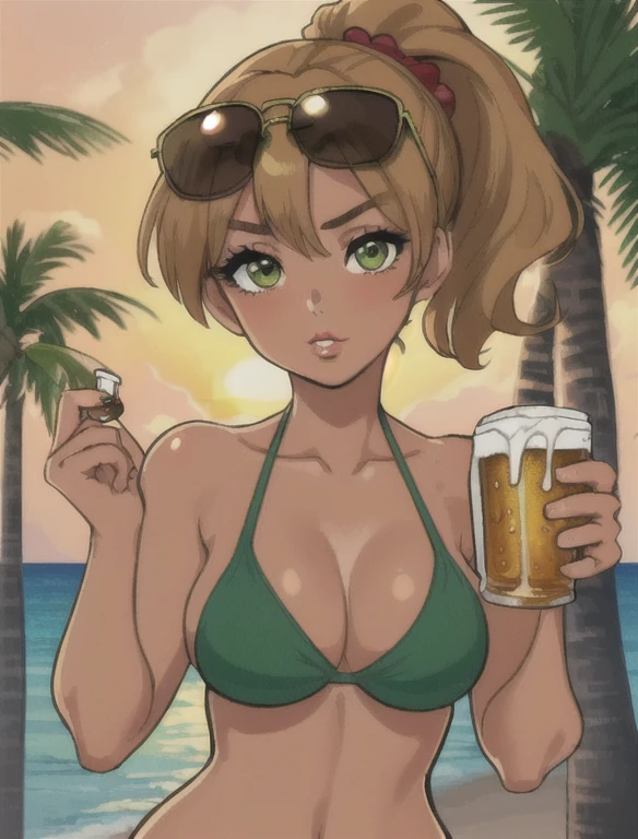 (best quality:1.3), (4K quality),masterpiece, best quality, high res, detailed, (Detailed face:1.2), (Detailed eyes:1.2), (Hourglass figure:1.2), CARTOON, ANIME, CARTOON ARTSTYLE, 1girl, solo, 36-years-old, tan olive skin, short blonde hair, pony tail style, emerald eyes, eyeshadow, mascara, red lipstick, puckered lips, ((Wearing a flossing green bikini and sunglasses)), walking, ((holding a beer can in one hand)), beautiful beaches, palm trees, beach resort, beach vacation, summer getaway, relaxed atmosphere, cinematic lighting, sunset, detailed background,