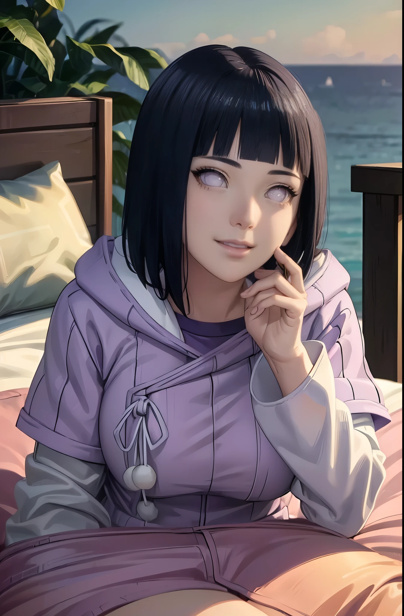 (best quality,4k,8k,highres,masterpiece:1.2),ultra-detailed,realistic,photorealistic:1.37,detailed eyes,beautiful detailed lips,pale.hinata hyuga wearing skintight hoodie, layered sleeve, perfect figure, attractive rounded breasts, naughty smile, puffy lips, posing in sunshine, outdoor , purple layered hoodie, relaxed brown pants, attractive, laying on bed, two girls